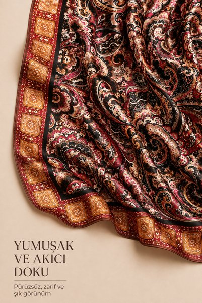 OUS Women's Brown Burgundy Shawl Patterned 70X70 cm Satin Scarf, Silky Textured Square Neck Hair and Bag Accessory