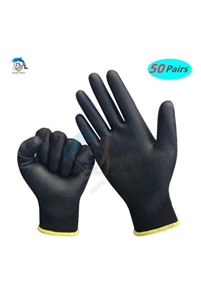 Choice L Black 50 pairs 10-50 Pairs of Nylon PU Gloves Safety Work Gloves Rep...