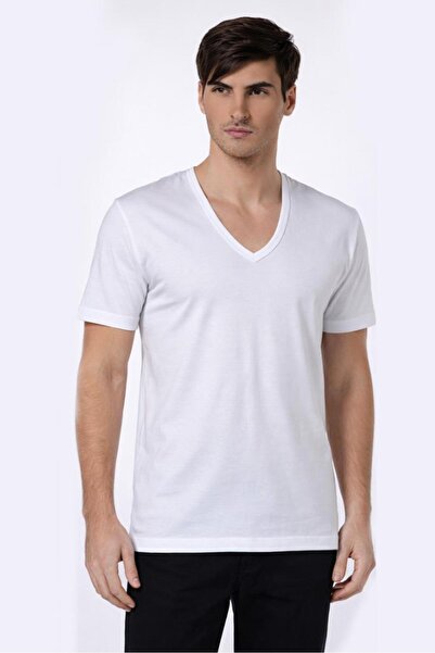 Çift Kaplan Men's Deep V-Neck White T-Shirt 0936