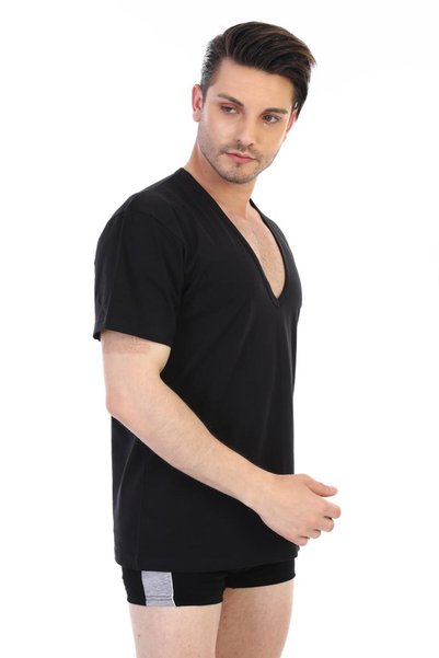 Çift Kaplan تي شيرت أسود بياقة V عميقة للرجال 0936