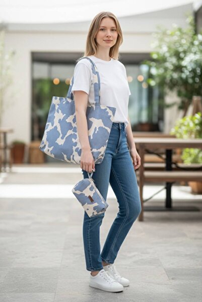 TooHot Women's Blue Patterned Beach Shoulder Bag with Makeup Bag