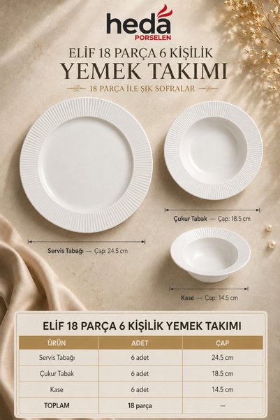 Heda Porselen Elif 18 Parça 6 Kişilik Porselen Yemek Takımı