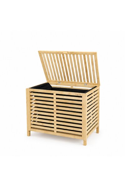 Go İthalat Kalın Ahşap Bambu Kirli Çamaşır Sepeti Siyah Kumaş Çantalı Sepet 50x38x55cm