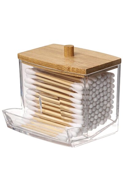 Choice1 C Acrylic Cotton Swab Holder with Bamboo Lid - Clear Cotton Swab Disp...