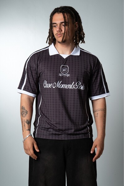 Plus Eighteen Chase Moments Bold Polo Collar Oversize Black Men's Football Je...