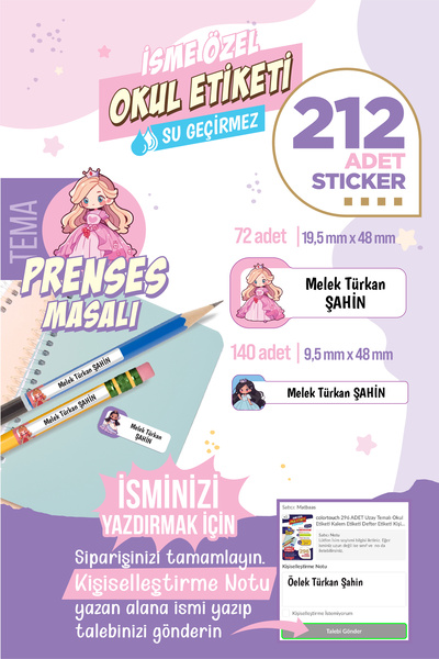 colortouch 212 ADET Prenses Masalı Temalı Okul Etiketi Sticker Kalem Etiket D...