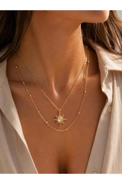 GUVDİN Gold Color Star Figured Double Chain Necklace - Elegant and Modern Design