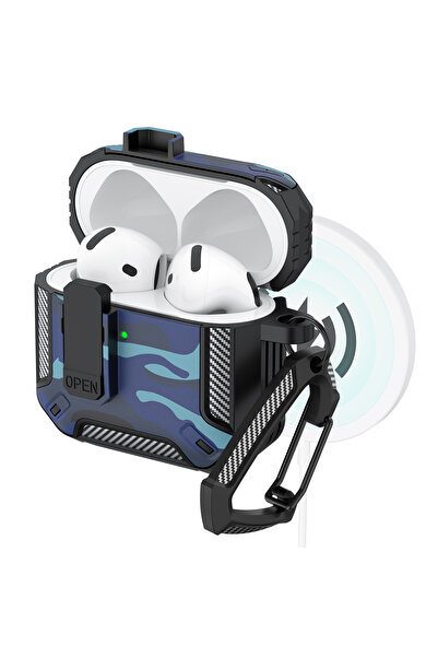 Choice13 حافظة لسماعات AirPods 4 باللون الأزرق المموه مع قفل أمان محسّن وخطاف...