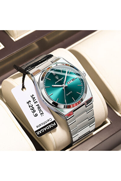 POEDAGAR 930 Silver Green High Quality Watches For Men Stainless Steel Waterp...