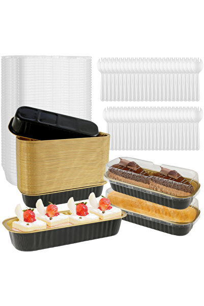 Choice Black Gold Mini Cake Pans with Lids and Spoons 200ml Non-Stick Foil Ba...