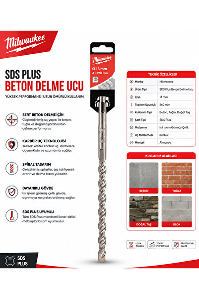 Milwaukee 4298 Sds Plus 2 Elmaslı Beton Delme Matkap Ucu 13x260 mm