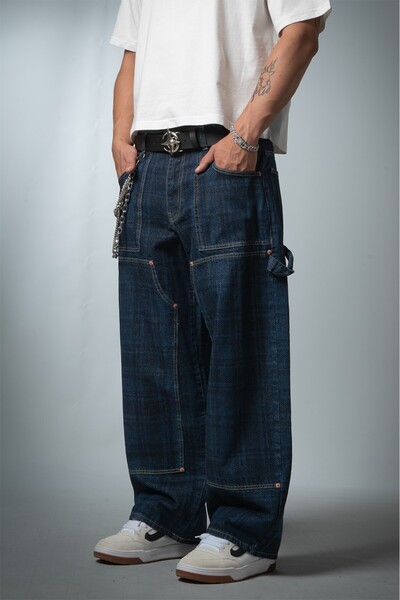 GRJ denim Indigo Plaid Denim Wide Leg Super Baggy Erkek Jean Pantolon