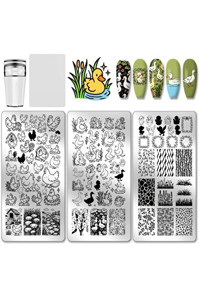 Choice AECH011-02606 3pcs Chickens Ducks Nail Stamp Plate Farm Theme Print Ar...