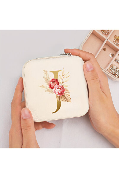 Choice7 J A-Z Alphabet Print Beige Jewelry Box, Elegant Travel Jewelry Case w...