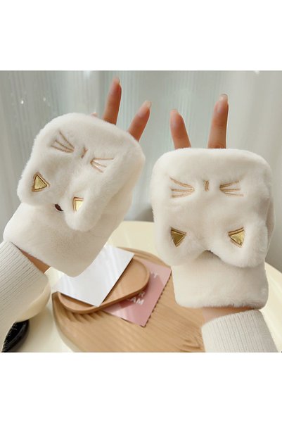 Choice3 One Size White Cute Cat Plush Mittens Korean Style Thickened Fingerle...