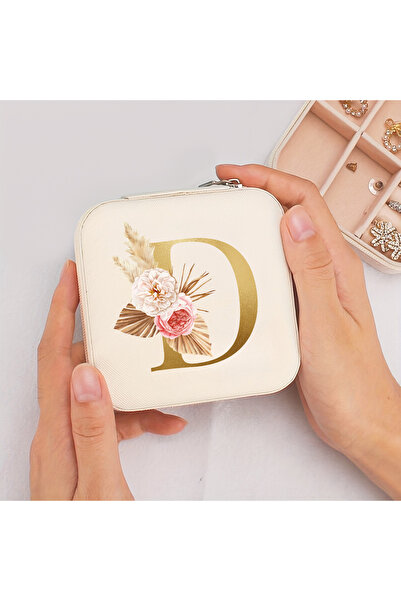 Choice1 D A-Z Alphabet Print Beige Jewelry Box, Elegant Travel Jewelry Case w...