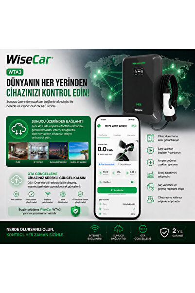 WiseCar WTA - Yapay Zeka Destekli Akıllı Elektrikli Araç Şarj Cihazı | 22 kW | Mobil Uygulama