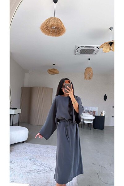 Buket Teke Anthracite Bat Sleeve Waist Belted Tencel Dress