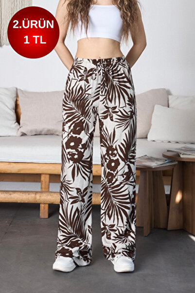 BİKELİFE Women's Floral Patterned High Waist Viscose Fabric Elastic Waist Tro...