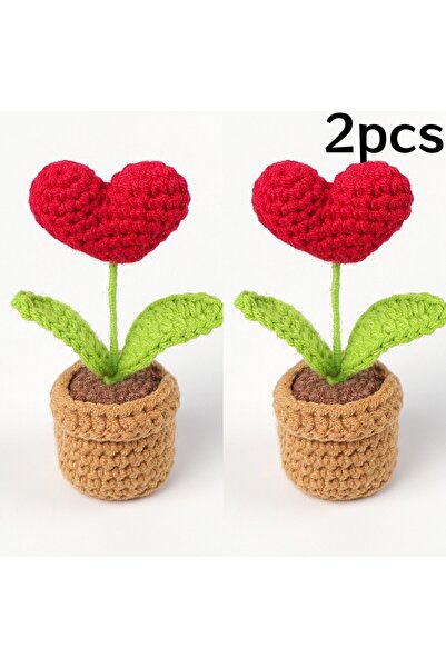 Choice 2pcs 1/2/3/5Pcs Handmade Knitted Flower Pot Red Heart Shaped Knit Imit...