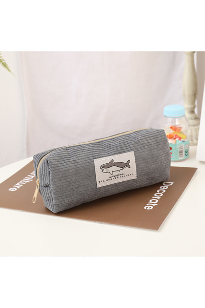 Choice Dark grey Cute Corduroy Pencil Case Little Shark Embroidery Pen Bag Po...