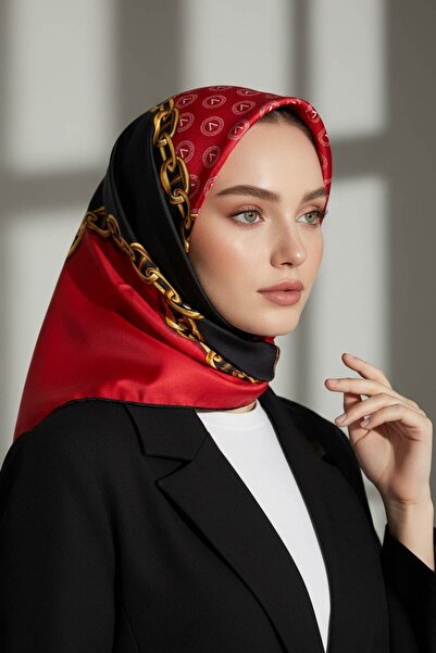 Vissona %100 Twill İpek Monogram Ve Zincir Desenli Siyah - Kırmızı Renkli 90x...