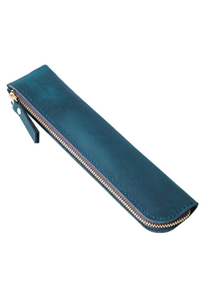 Choice Blue Portable Genuine Cowhide Pencil Case Retro Leather Pen Bag Storag...