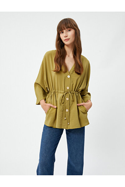 Koton Buttoned Kimono Blouse Tied Waist Short Sleeve Textured