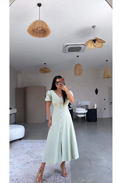 Buket Teke Water Green Romantic Buttoned Dress