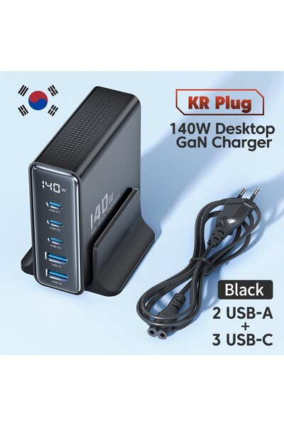 Toocki KR Black 140W GaN USB Charger 5in1 Desktop Fast Charge USB Type C Char...