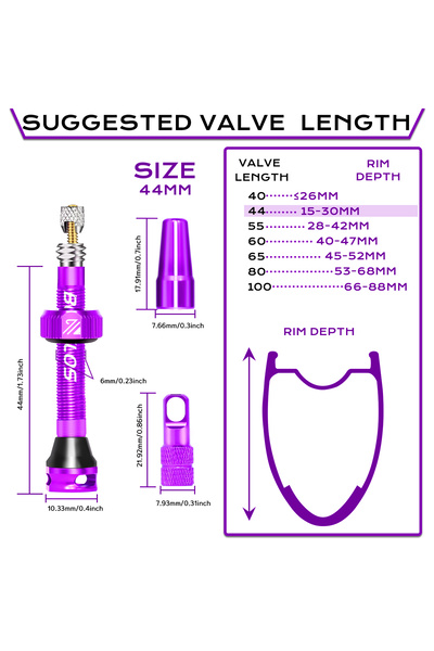 Choice PURPLE-44MM BUCKLOS Bike Tubeless Presta Valves 40/44/55/60/65/80/100M...