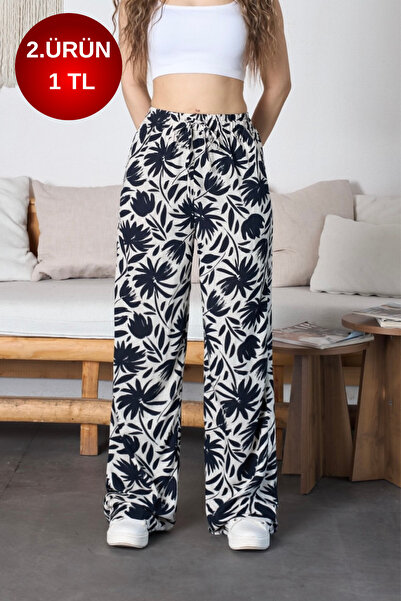 BİKELİFE Women's Floral Patterned High Waist Viscose Fabric Elastic Waist Tro...