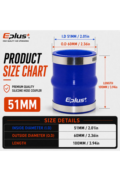 Choice3 ID 51MM EPLUS Blue Silicone Turbo Hose Straight Hump Coupler Reinforc...