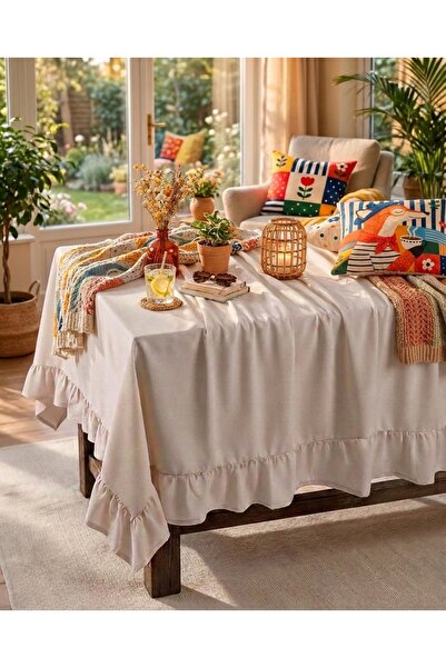 White Alamode Ruffled cotton linen fabric square tablecloth