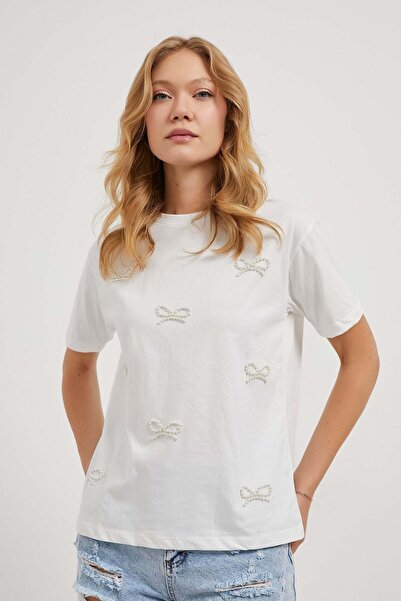 Arma Life Women's Pearl Bow Crew Neck Basic White T-Shirt