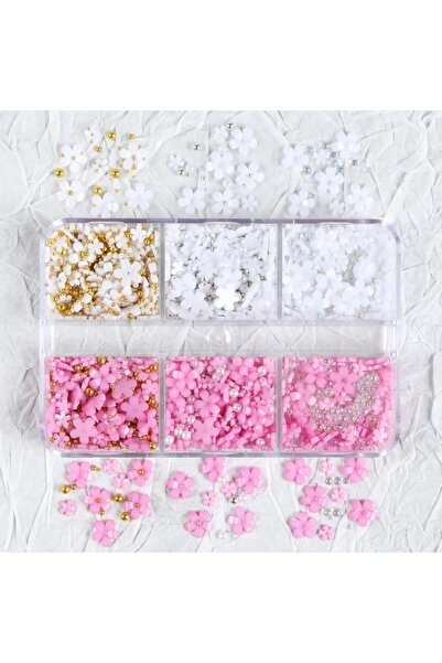 Choice4 6grids 1Box 3D Pink/White Acrylic Flower Nail Charms with Gold&Silver...