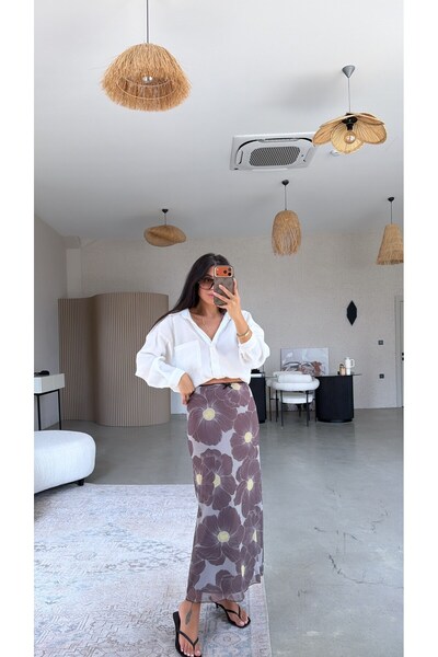 Buket Teke Coffee Yellow Floral Patterned Lined Tulle Skirt