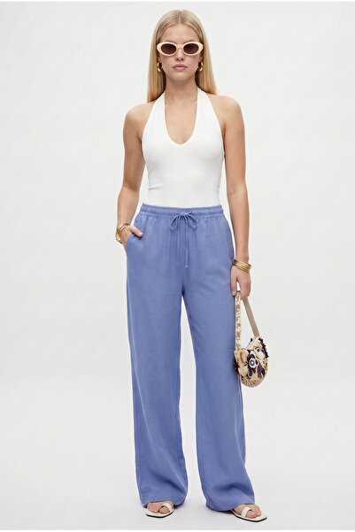 Ritnice Women's Linen Comfy Lilac Straight Cut Elastic Waist Trousers