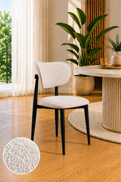 formood Bohem Yemek Odası Sandalyesi Beyaz Kumaş Siyah Ayak Modern Tasarım