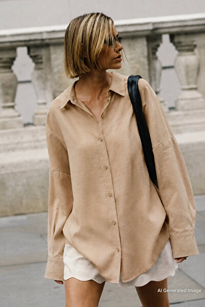 Madmext Μπεζ μακρυμάνικο πουκάμισο Oversize MG2003
