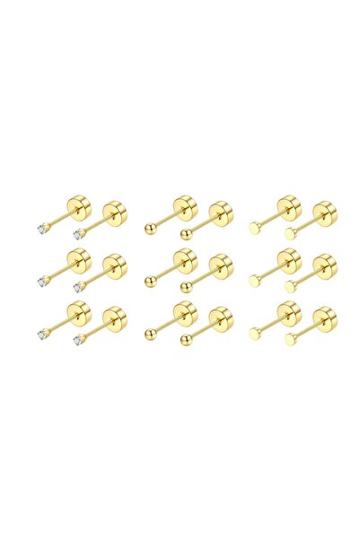 Choice3 9 Pairs Set Gold 2mm 18 Pairs 14K Gold Plated Surgical Steel Screw Fl...