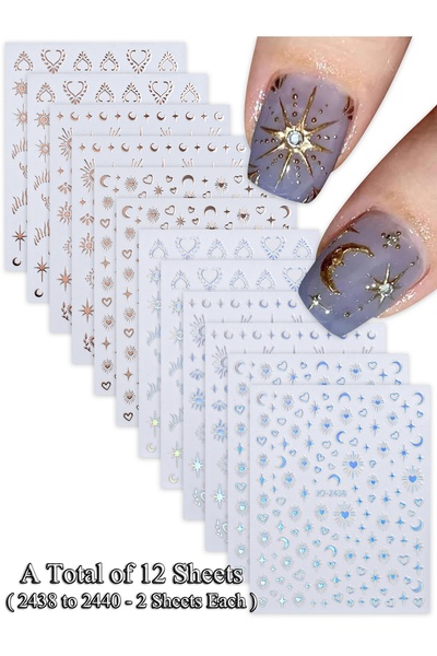 Choice Set3 (12 Sheets) 6/12/24 Sheets Gold & Silver Star, Moon & Heart Nail ...