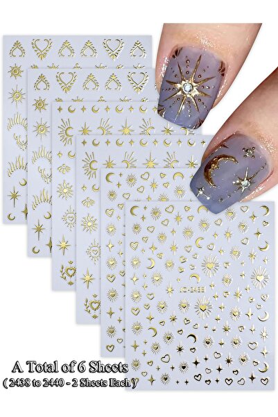 Choice Set14 (6 Sheets) 6/12/24 Sheets Gold & Silver Star, Moon & Heart Nail ...