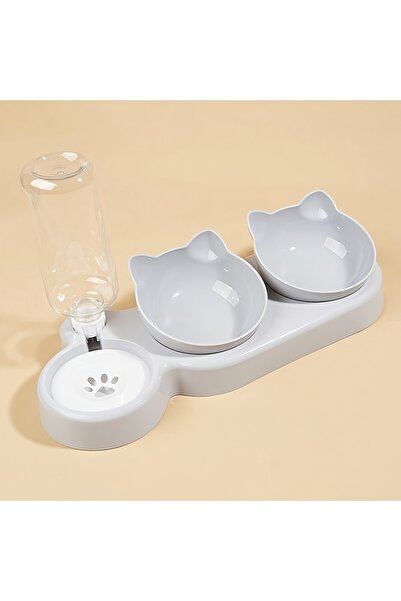 Choice XXL GRAY Pet Bowls With Water Feeder, 3 In 1 Ear Design Tilted Cat Wat...