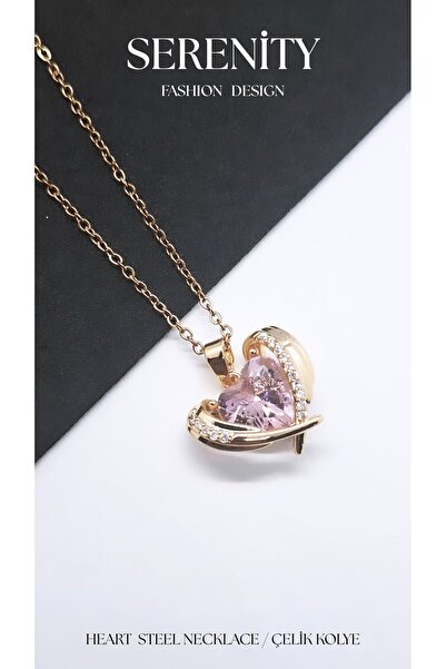 Serenity Heart Steel Necklace with Framed Zircon Stone