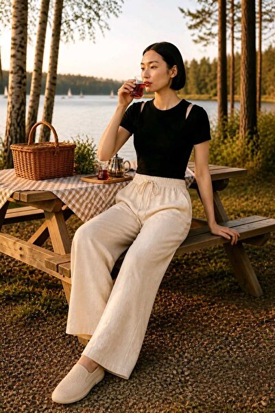 they11 Cream Color High Waist Fabric Pants with Elastic Waist and Rope Ties, ...