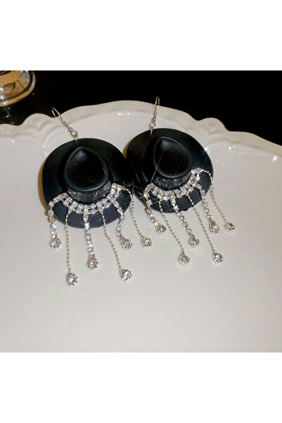Choice Black Creative Cowboy Hat Drop Dangle Earrings For Women Shiny Rhinest...
