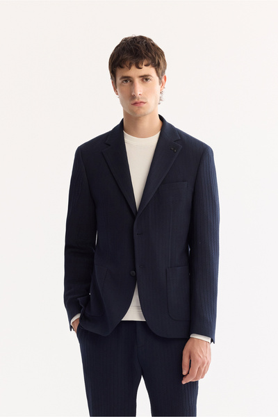 Avva Men's Navy Blue Mono Collar Bi-Stretch Lightly Striped Blazer Comfort Sl...