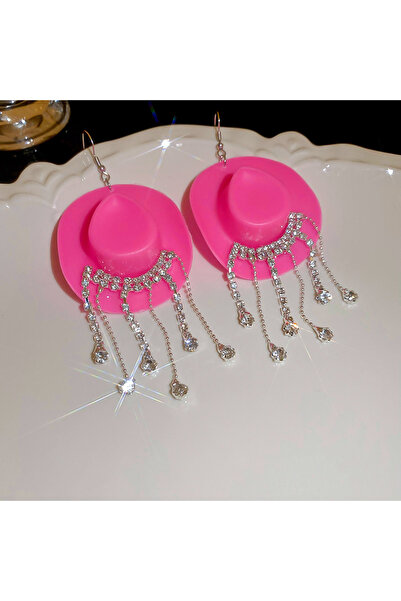 Choice Pink Creative Cowboy Hat Drop Dangle Earrings For Women Shiny Rhinesto...