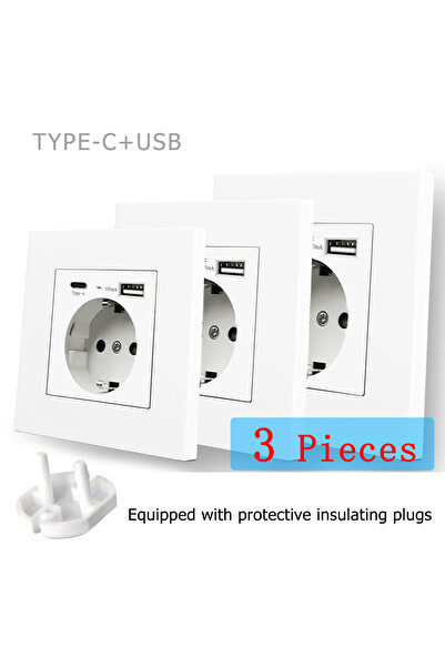 Choice3 White 3 Piece 16A EU Standard Wall Electrical Socket Type-C USB Charg...